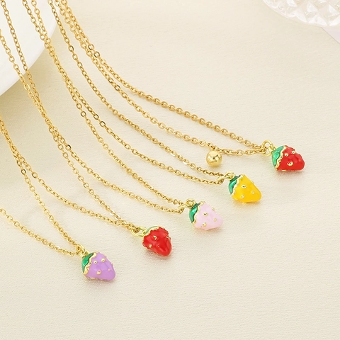 Collier Pendentif Fruit Fraise En Émail Coloré Chaîne En Acier Inoxydable Doré Pour Femmes Bijoux Pastoraux