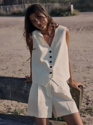 Damen Weste Und Shorts Set Leinen Baumwolle V-Ausschnitt Knöpfe Hohe Taille Sommer Freizeit Urlaub Chic Outfit