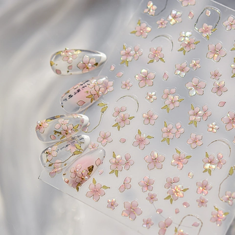Nail Art Stickers Pink Rose Cherry Blossom Golden Outline Shell Glow Effect Embossed DIY Manicure Decoration Women
