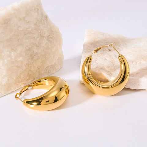 Stainless Steel Hoop Earrings 18K Gold Plated Chunky Hollow C Shaped Minimalist Geometric Polished Jewelry For Women