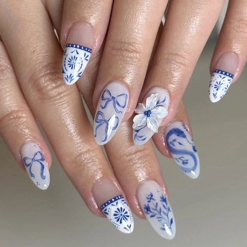 Blauw Witte Porselein Kunstnagels Press On 3D Bloem Strik Ontwerp Chinese Stijl Lange Amandel Franse Stijl