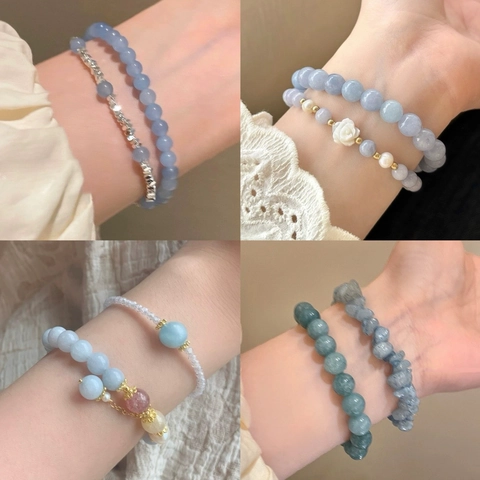 Handmade Beaded Bracelet For Women Natural Stone Aquamarine Color Crystal Floral Shell Charm Elastic Elegant Jewelry Gift