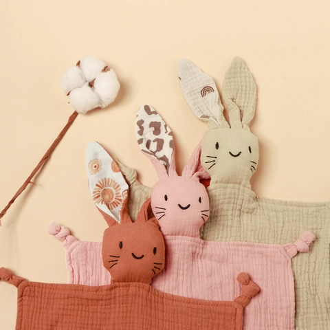 Baby Muslin Cotton Security Blanket Soft Bunny Head Embroidery Animal Comforter Towel With Knotted Corners For Newborns