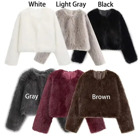 Women Faux Fur Short Cropped Jacket Round Neck Long Sleeve Solid Color Winter Warm Outerwear Elegant Celebrity Style