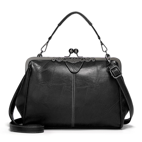 Retro PU Leer Kiss Lock Handtas Voor Vrouwen Vintage Gepreegde Crossbody Tas Met Handvat Metalen Frame Schoudertas Portemonnee
