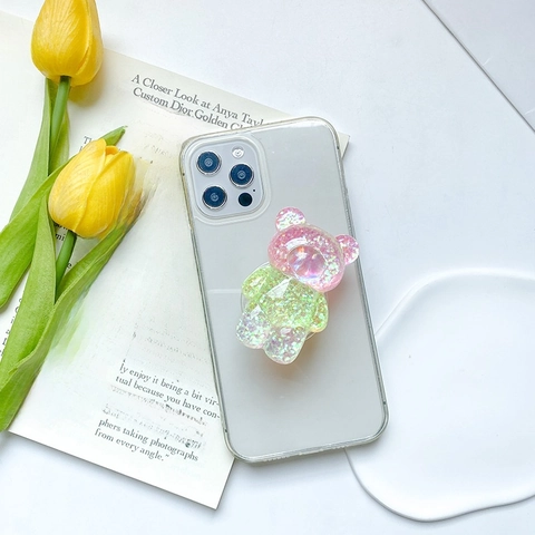 Süßer Cartoon Bär Handy Griff Ständer Harz Glitzer Pailletten Regenbogen Universal Tragbare Mobile Unterstützung Schreibtisch Zubehör
