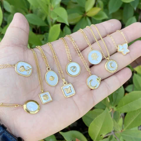 Edelstahl Anhänger Halskette Weißer Muschel Gold Plattiert Rose Schmetterling Mond Stern Herz Schmuck Für Frauen