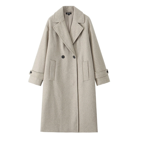 Women Long Woolen Coat Double Breasted Notched Lapel Loose Fit Solid Color Casual Winter Outerwear Overcoat