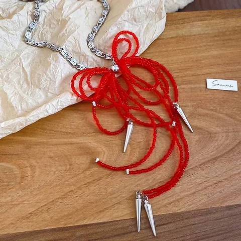 Rote Schleife Perlen Choker Halskette Mit Silbernen Metallspitzen Quasten Glaskristalle Sweet Cool Stil Für Frauen