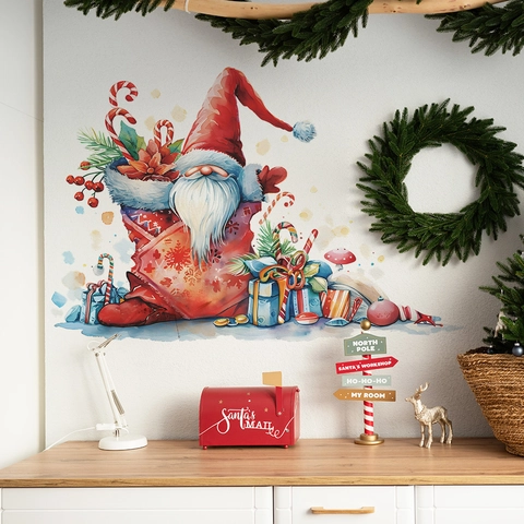 Weihnachtsgnom Wandaufkleber Aquarell Weihnachtsmann Gnom PVC Abnehmbar Selbstklebend Feiertagsdekoration Festliches Wandtattoo