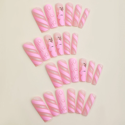 Christmas Pink Long Square Press On Nails Glitter Elk Snowflake HO Pattern Holiday Party Fake Nails Adhesive Tape File