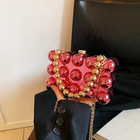 Women Acrylic Bubble Box Evening Bag Metallic Gloss Ball Texture Gold Chain Strap Party Clutch Small Handbag Fashion