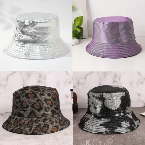 Mode Damen PU Leder Fischerhut Metallic Regenbogen Leopardenmuster Batik Retro Britisch Stil Laser Sonnenschutz Sonnenhut