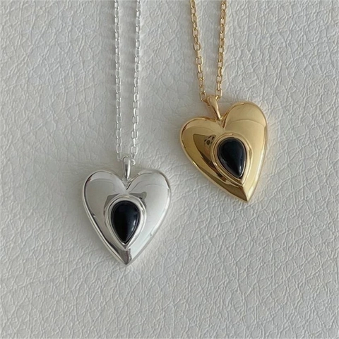 Collana Con Pendente A Cuore Argento Sterling 925 Agata Nera Pietra Preziosa Intarsio A Goccia D'acqua Stile Coreano