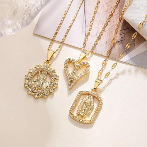 Collana Pendente Vergine Maria Rame Placcato Oro 18K Zircone Religioso Geometrico Retro Catena Da Clavicola Per Donna