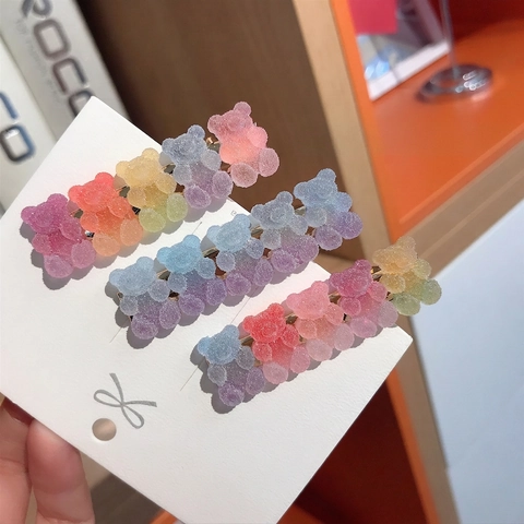 Cute Cartoon Gummy Bear Hair Clips Frosted Resin Gradient Color Bangs Side Clip Sweet Hair Jewelry For Girls Women