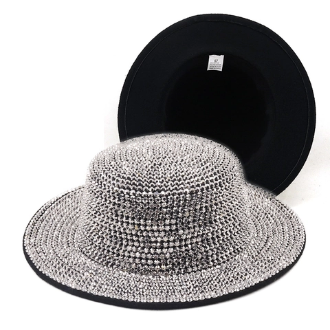Rhinestone Fedora Hut Flache Krone Breite Krempe Glänzender Kristall Baumwoll Polyester Mix Für Bühne Party Retro