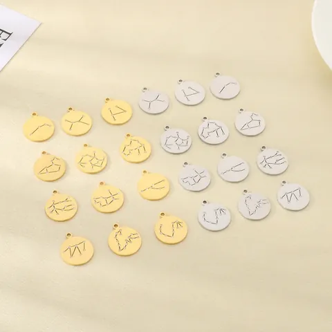 Round Zodiac Constellation Coin Pendant Stainless Steel 18K Gold Plated Inlaid Rhinestone DIY Jewelry Making Charm