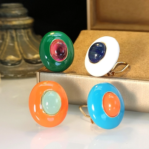 Pendientes de Clip de Esmalte de Cobre Ovalados Vintage Franceses para Mujer Joyería Sin Perforación Temperamento Compacto Todo Combinado