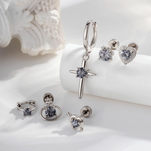 Titanium Steel Grey Zircon Ear Piercing Studs Dragon Claw Saturn Heart Cross Screw Back Gothic Punk Earrings Unisex