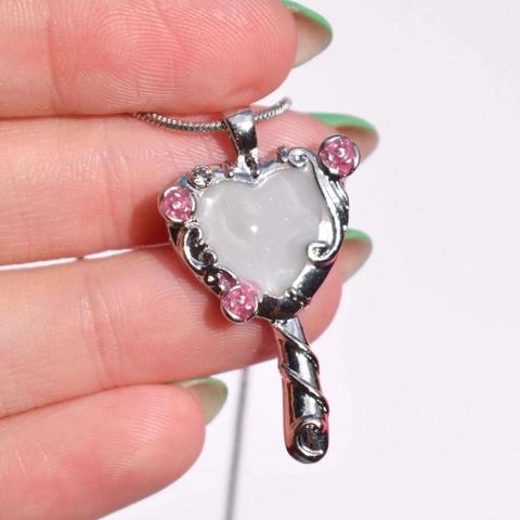 Heart Shape Mirror Pendant Necklace Copper With Zircon And Rose Flower Decoration Retro Style For Women