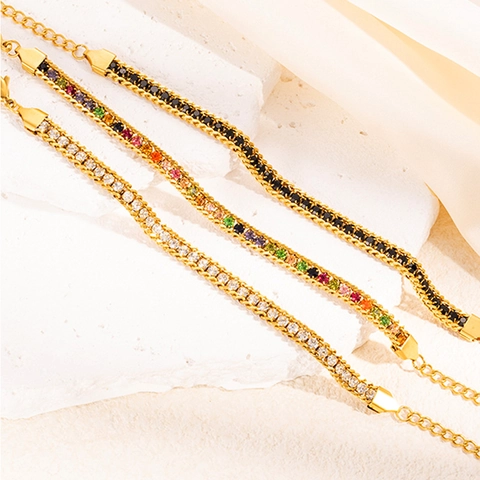 Bracelet de Tennis en Acier Inoxydable Plaque Or Avec Strass Colores Bracelet Chaine Tissee pour Femmes Bijoux Cadeau