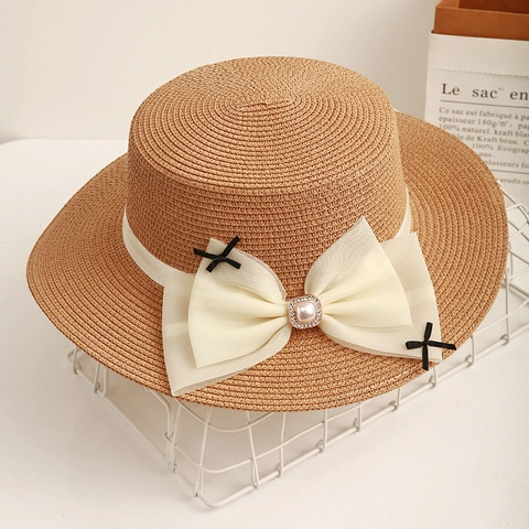 Sombrero Canotier Para Mujer Paja Tejida Copa Plana Ala Ancha Lazo De Gasa Perla Artificial Protección Solar Playa Verano Vacaciones