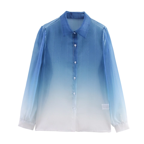 Chemisier À Manches Longues Femme Dégradé Bleu Blanc Organza Transparent Texture Rayée Casual Frais Haut Dame