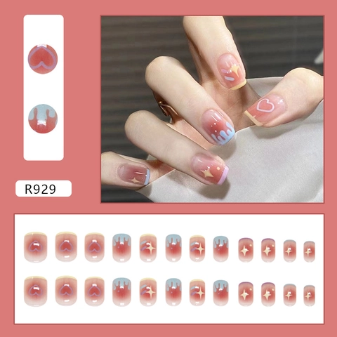 French Sweet Press On Nails Heart Star Pattern Gradient Blush Pink Blue Water Drop Graffiti False Nails Glue For Women