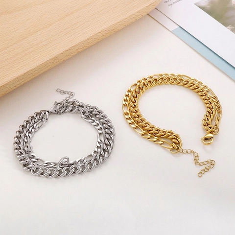 Pulsera De Doble Capa Con Cadena Mixta Acero Inoxidable Bordillo Fígaro Accesorio De Moda Minimalista Hombre Mujer