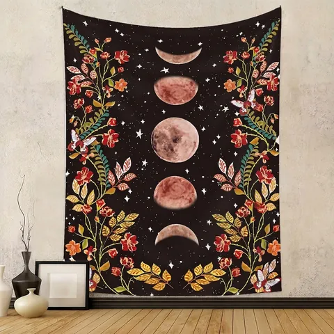 Tapiz De Pared Fase Lunar Poliéster Flores Cielo Estrellado Bohemio Decoración Colgante Para Dormitorio Sala