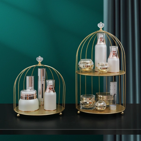 Birdcage Cosmetic Storage Rack Gold Iron Art Perfume Organizer Shelf Nordic Luxury Skin Care Display Stand Desktop Decor