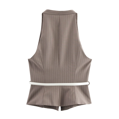 Top Gilet Dos Nu Femme Rayé Col En V Ceinturé Boutonnage Simple Gilet Style Intellectuel Sans Manches Coupe Ajustée Polyester