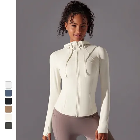 Women Hooded Sports Jacket Slim Fit Full Zip Running Yoga Top Thumbholes Quick Dry Breathable Athletic Outerwear