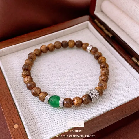 Agilawood Holzperlen Armband Mit Grüner Achat Kupfer Zirkon Akzenten Retro Zen Stil Handgefertigter Schmuck Für Damen Elegant