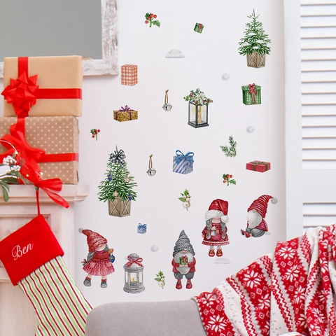 Christmas Wall Stickers Watercolor Gnomes Tree Gift Box Removable PVC Self Adhesive Home Holiday Decor Window Clings
