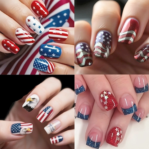Independence Day Press On Nails Red White Blue Stars Stripes Design American Flag Style Square Coffin False Nails Artificial Nail Art Decoration With Jelly Glue