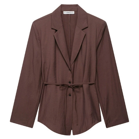 Women Blazer And Shorts Set Woven Polyester Tie Waist Long Sleeve Notched Lapel Casual Chic Plain Color Brown Suit