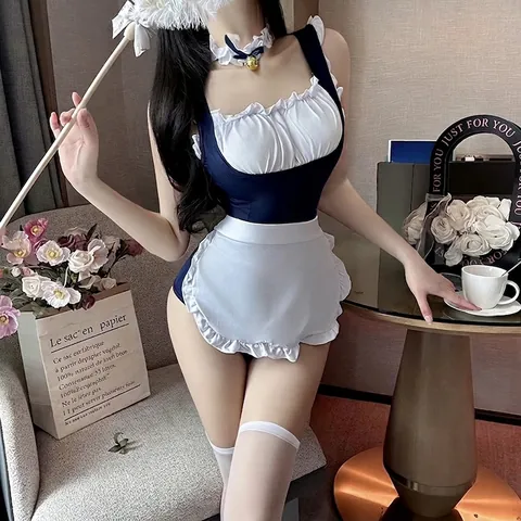 Sexy Dienstmädchen Dessous Body Mit Rüschen Schürze Und Glocken Halsband Cosplay Thema Blau Weiß Polyester Spandex