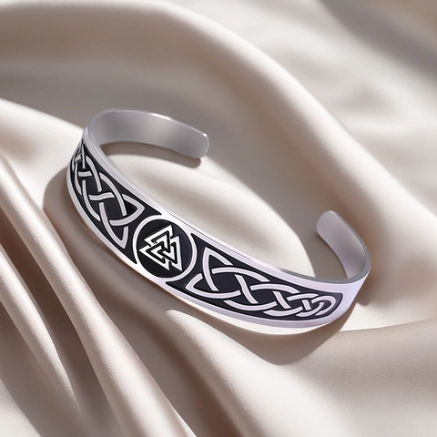 Vintage Stainless Steel Celtic Knot Valknut Cuff Bangle Nordic Myth Engraved Open Bracelet Retro Silver Hand Jewelry For Unisex