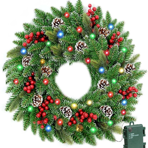 Ghirlanda Di Natale LED Artificiale Aghi Di Pino Pigna Bacca Fiocco Vacanza Xmas Casa Porta Parete Decorazione Festiva