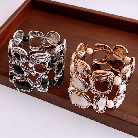 Vintage Alloy Wide Bracelet Irregular Wrinkle Texture Geometric Enamel Beads Retro Bohemian Bangle Hand Jewelry For Women