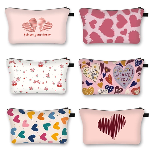 Heart Print Polyester Makeup Bag Portable Zipper Cosmetic Pouch Travel Storage Organizer For Women Valentine Day Gift Sweet Style
