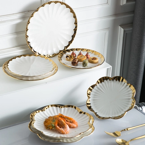 Keramik Speiseteller Goldrand Wellenrand Nordischer Stil Blumenform Salat Dessert Steakteller