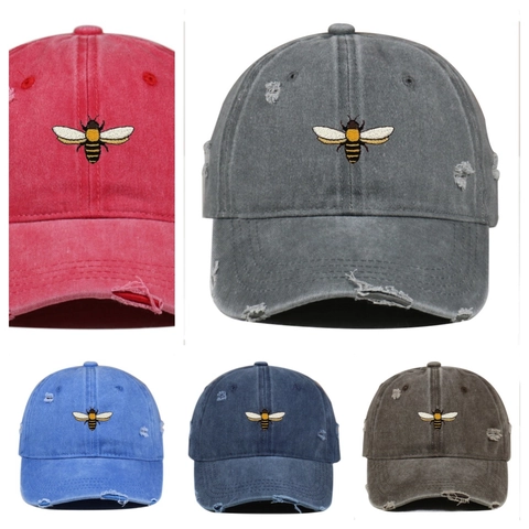 Casquette De Baseball Brodée Abeille Coton Lavé Distressed Vintage Chapeau Soleil Extérieur Réglable Sport
