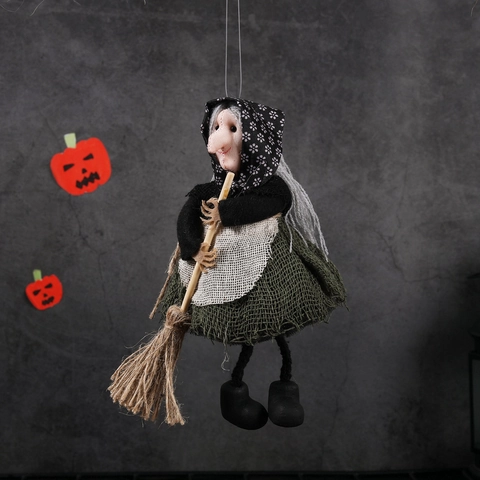 Halloween Witch Hanging Decoration Cloth Linen Broom Doll For Spooky Party Bar Home Wall Haunted House Ornament