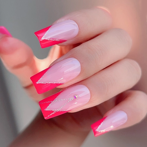 Unghie Finte Francesi A V Sfumate Rosso Rosa Bara Unghie Glitter Argento Strass Manicure Di Lusso Da Donna