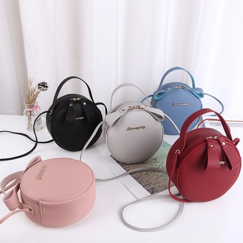 Round Crossbody Bag Women Lychee Pattern PU Leather Mini Circular Handbag Double Zipper Daily Fashion Portable Small Purse