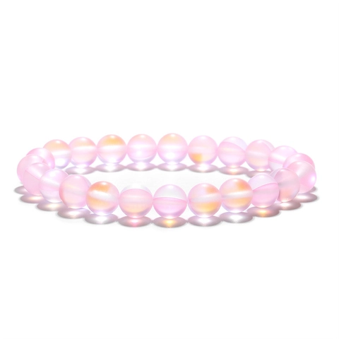 Bracelet en Perles de Pierre de Lune Aurore pour Femmes Perles de Pierre Rondes Irisées Dépolies Bracelet Elastique Bijoux de Mode Cadeau Quotidien
