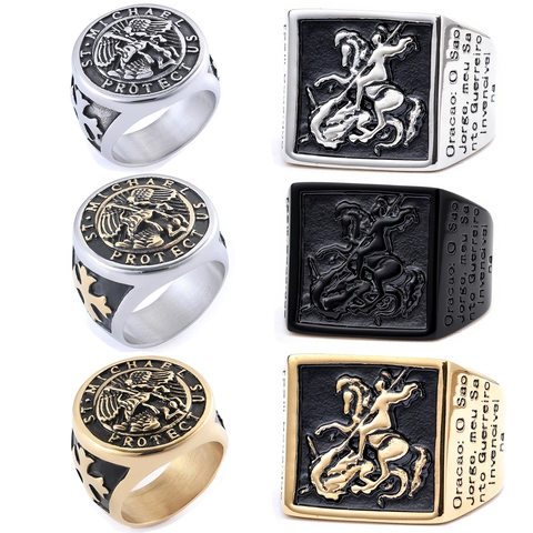 Vintage Erzengel Michael Edelstahl Siegelring Für Herren Religiös St Georg Drachen Schutz Amulett Retro Schmuck
